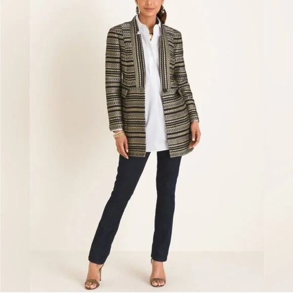 Chicos Gold Metallic Tweed Gold Statement Jacket Women Size S Longline Textured - Picture 3 of 10